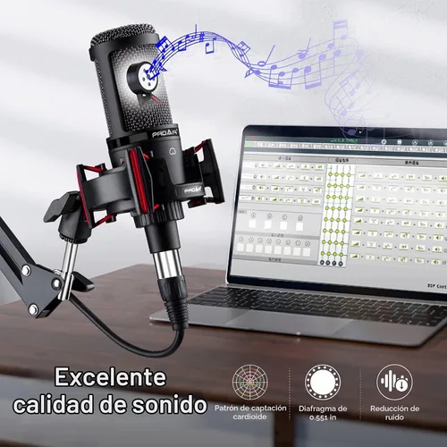 Vista 4 de Micrófono de condensador XLR, micrófono profesional de grabación de estudio para computadora PC, kit de micrófono cardioide para podcast con brazo
