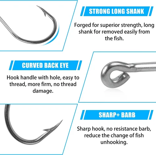 Vista 2 de Octopus Beak Hooks, 60pcs/100pcs Stainless Steel Saltwater Fishing Hooks, Suicide Bait Jig, Big Game, Offset Circle Hooks 10