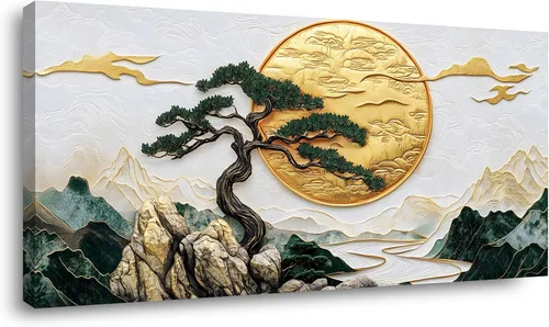 Vista 22 de ZOMNAI Arte de pared de mujer japonesa, pintura de estilo asiático, fondo amarillo, decoración de pared, tatuaje de peces en la parte posterior