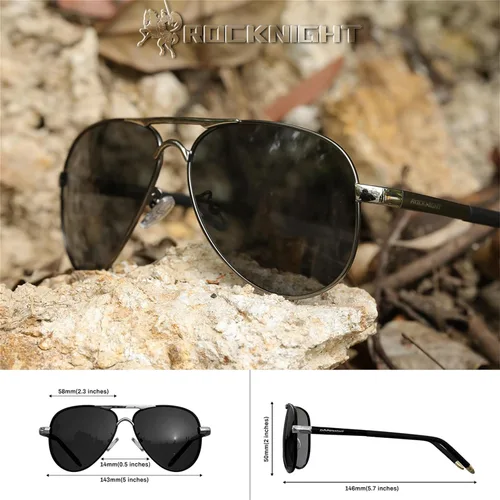 Vista 3 de ROCKNIGHT Lentes de sol polarizados estilo aviador para hombres y mujeres, lentes de sol con parte superior plana de metal, ligeras