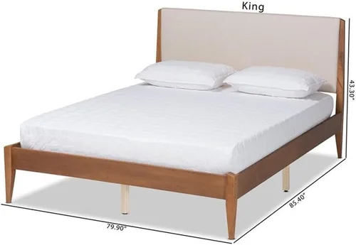 Vista 4 de Baxton Studio Lenora Mid-Century - Cama de plataforma tapizada de tela beige y acabado marrón nogal, tamaño matrimonial