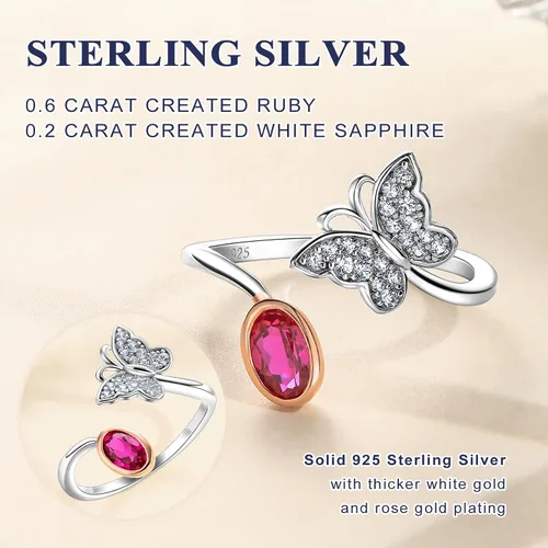 Vista 5 de DAYBYDAY Anillo de mariposa de plata de ley 925 para mujeres y niñas, delicados anillos de aniversario, chapado en oro rosa, dos tonos, creado