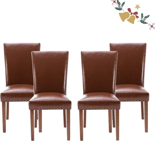 Vista 10 de Juego de 2 sillas tapizadas de tela para comedor, sillas de cocina estilo Parsons con ribete de cabeza de clavo y patas de madera - Beige