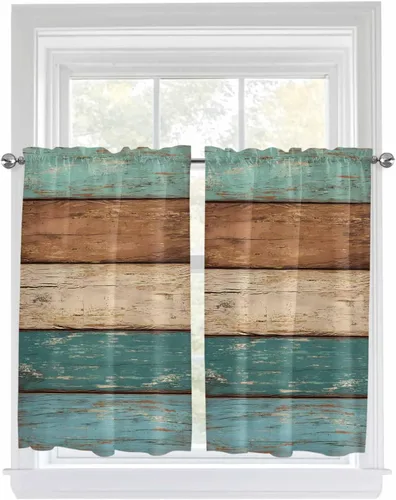 Vista 8 de Juego de 2 paneles de cortina de ventana turquesa turquesa retro de 24 pulgadas de largo, cortinas de cocina con bolsillo para barra, cortinas