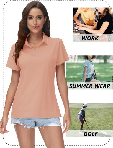 Vista 7 de TACVASEN Polo de manga corta con cuello en V para mujer, con protección solar UPF 50+, secado rápido, para golf