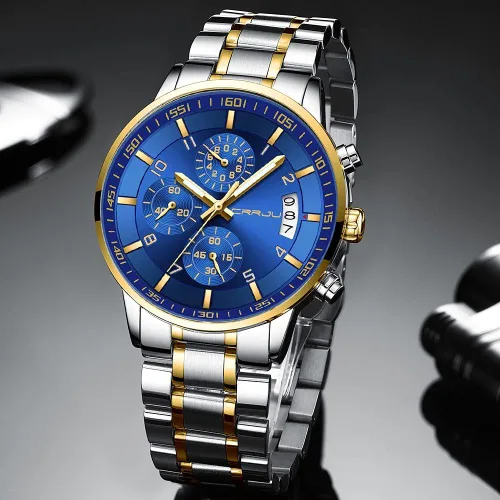 Vista 5 de CRRJU - Reloj de pulsera, de acero inoxidable para hombre, resistente al agua, cronógrafo, correa de acero inoxidable
