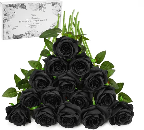 Vista 24 de Rosas artificiales negras – 10 piezas de rosas artificiales falsas de seda con tallos para decoración del hogar, boda, hotel, oficina, centro de mesa