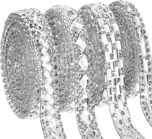 Vista 15 de Juexica Cintas autoadhesivas de diamantes de imitación de 4 yardas, 4 estilos de rollo de diamantes de imitación, cinta brillante con purpurina