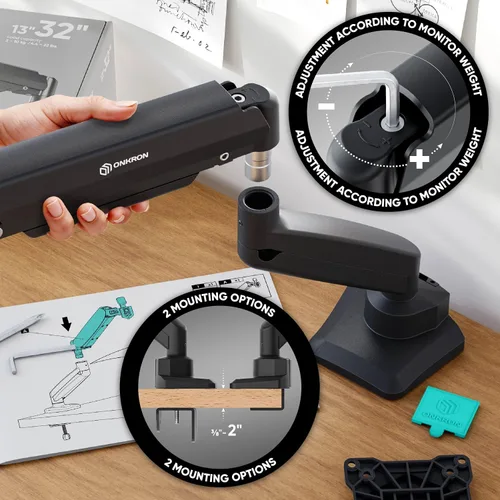 Vista 7 de ONKRON Soporte de escritorio con brazo de monitor único para monitores de 13" a 32" de hasta 17 libras - Brazo de monitor de resorte de gas