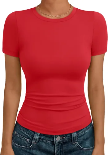 Vista 18 de AUTOMET - Camisetas básicas de manga corta para mujer, para verano, entrenamiento o gimnasio, con cuello redondo, ropa moderna estilo Y2K