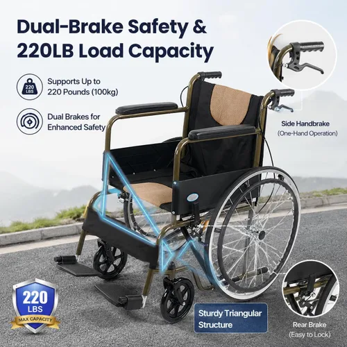 Vista 2 de Silla de ruedas plegable ligera para adultos, silla de ruedas autopropulsada de 24 pulgadas para adultos con frenos de mano duales, silla de ruedas