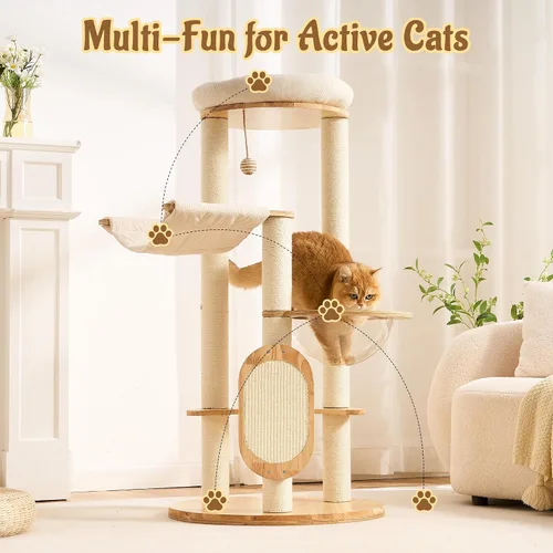 Vista 8 de Moderno árbol de madera maciza para gatos de interior de hasta 15 libras, torre para gatos de 49 pulgadas de alto con postes rascadores y rascador