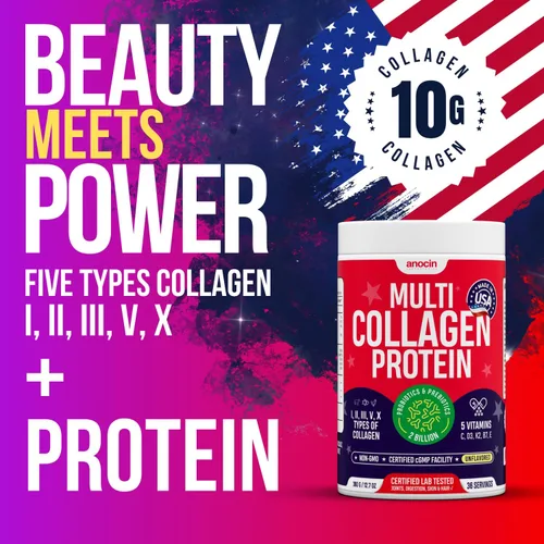 Vista 2 de anocin Péptidos de colágeno múltiple con prebióticos + probióticos + tipo I, II, III, V, X + polvo de colágeno hidrolizado con vitamina C+D3+B7+K2+E