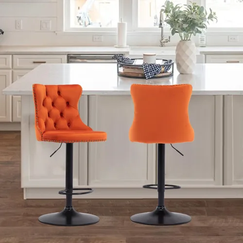 Vista 336 de SoarFlash Juego de 2 taburetes de bar tapizados de terciopelo moderno con patas de madera, botones acolchados, cabeza de clavo cromada, asiento