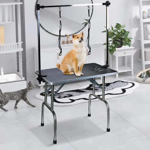 Vista 2 de Mesa de aseo profesional ajustable para mascotas, de 42 pulgadas, resistente, con brazo y bandeja de malla para perros y gatos, capacidad máxima