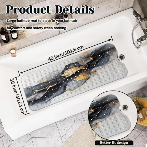 Vista 2 de Alfombrilla de Bañera de Mármol Antideslizante, Negra, Blanca y Dorada, Alfombrilla de Baño Antideslizante para Ducha, Grande, Lavable, con Agujeros