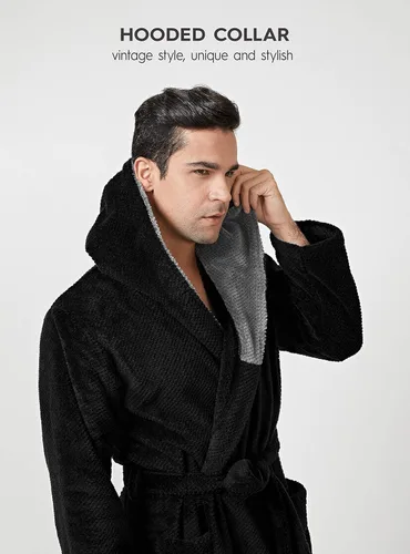 Vista 3 de DAVID ARCHY Bata de felpa de vellón coral para hombre, cuello de chal, pesada, longitud completa, larga, grande y alta, cálida bata de baño