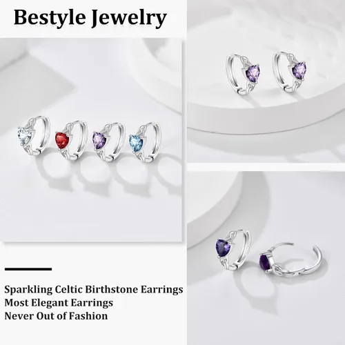 Vista 3 de Bestyle Sterling Silver Celtic Earrings with Birthstone for Women, HoopCrossHeartCeltic Knot Celtic Birthstone Earrings for Women, Great Birthday