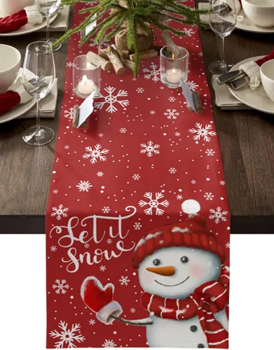 Vista 18 de Camino de mesa de muñeco de nieve de Navidad negro – Lino de algodón de 36 pulgadas de largo, bufandas de vestido de Navidad con copo de nieve