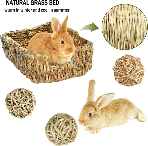 Vista 3 de Hamiledyi Cama de hierba de conejo para conejo, 21 piezas de juguetes masticables de conejo para moler dientes, palo de bambú dulce, bola de hierba