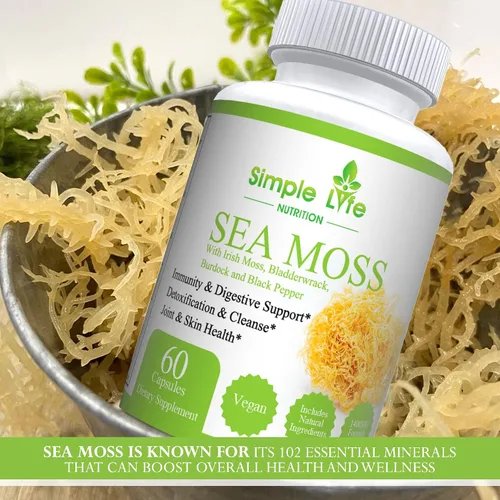 Vista 2 de Cápsulas de musgo marino irlandés orgánico de 1400 mg – Avanzadas con raíz de bardana, vejiga y pimienta negra – Sistema inmunológico, limpiador