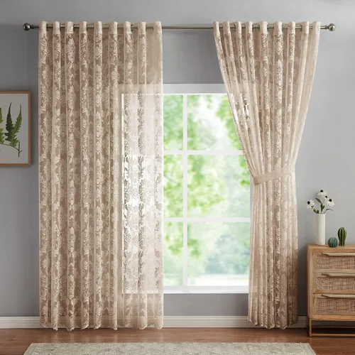 Vista 9 de LinenZone Par de 2 paneles de cortina de encaje de punto con parte inferior festoneada. Elegantes cortinas de encaje de granja para sala de estar