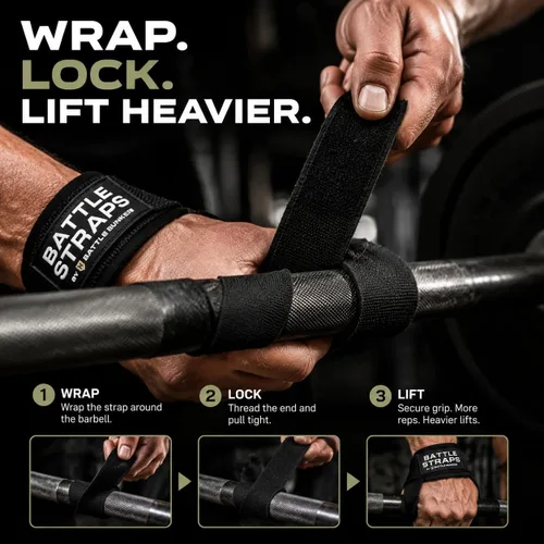 Vista 6 de Battle Bunker Lifting Wrist Straps for Weightlifting - Deadlifts & Pull-Ups Negro