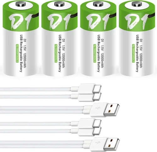 Vista 9 de Baterías C - Paquete de 2 baterías recargables C, batería de iones de litio de 5000 mWh, tamaño C, 1.5 V con cargador USB A a tipo C 2 en 1