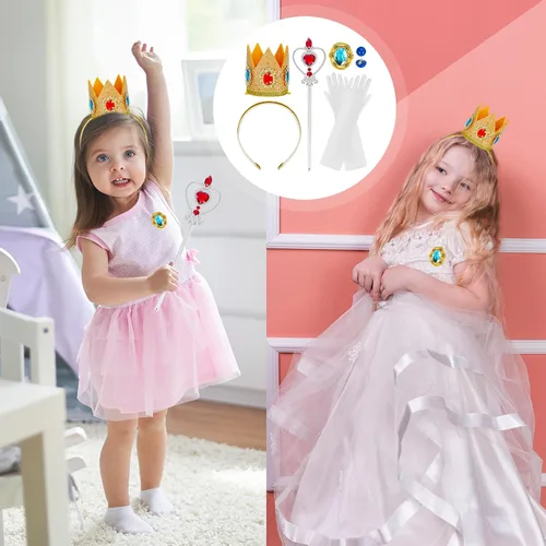 Vista 5 de Kit de accesorios de corona de melocotón de princesa de 5 piezas para niñas, suministros de disfraces de princesa melocotón, suministros
