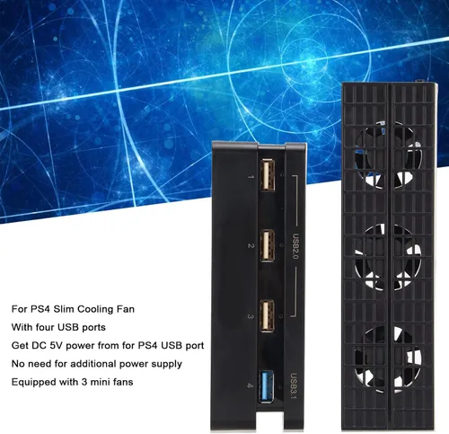 Vista 2 de Ventilador de refrigeración y concentrador USB para PS4 Slim, enfriador controlado por sensor de temperatura automático y adaptador divisor USB