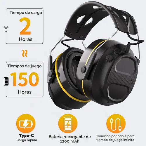 Vista 5 de Gel Ear Pad Bluetooth Hearing Protection Headphones, 30dB SNR, 120H Playtime, Safety Earmuffs for Mowing, Landscaping