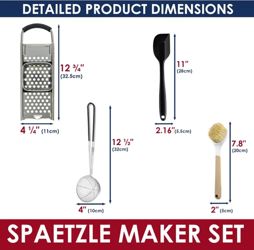 Vista 6 de Spaetzle Maker de acero inoxidable de alta calidad con mango de agarre cómodo, cuchara de colador de araña de acero inoxidable con cepillo