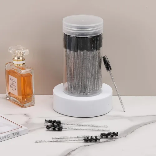 Vista 6 de 100 piezas de varitas de rímel desechables, cepillos espirales de cejas de cristal para extensiones de pestañas, cepillos de pestañas negros