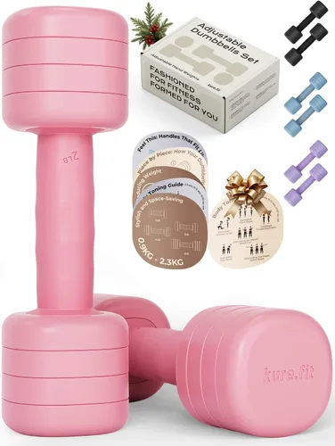 Vista 2 de Juego de mancuernas ajustables color rosa de 2 libras a 5 libras y kit de pilates gris pardo