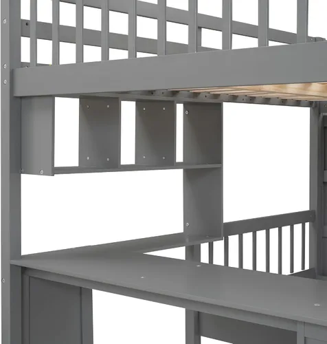 Vista 6 de RUNNA Litera matrimonial sobre individual con escritorio, cajones y escaleras, litera de madera maciza para niños, niñas, adolescentes y adultos