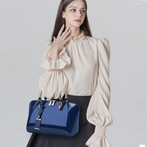 Vista 2 de Bolsos de cuero de charol brillante para mujer, bolso con asa superior, bolso elegante, bolso de mano mediano, bolso de hombro