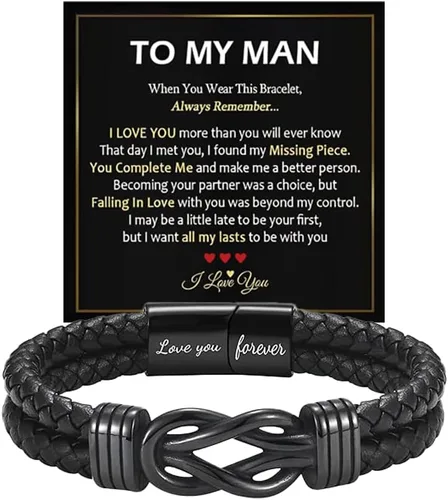 Vista 8 de Pulsera con nudo infinito con texto en inglés "To My Man", de acero inoxidable trenzado y cuero trenzado, inspirador, grabado Love You Forever
