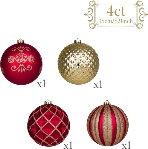 Vista 3 de Valery Madelyn Adorno grande para árboles de Navidad, 4 unidades, 5.9 pulgadas, rojo y dorado, inastillable, adornos de bola colgante de lujo a