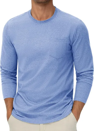 Vista 10 de Cotrasen Camisetas de manga larga para hombre, de algodón, cuello redondo, absorben la humedad, suaves, casuales, con bolsillo