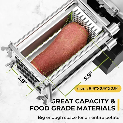 Vista 2 de Cortador de patatas fritas eléctrico de acero inoxidable profesional con 2 cuchillas para uso comercial, doméstico y pepinos, zanahorias, batatas