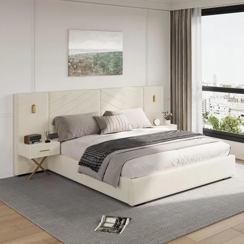 Vista 15 de DEINPPA Base de cama Queen de lujo con luces LED doradas integradas y mesitas de noche, cama de plataforma tamaño Queen con cabecera tapizada