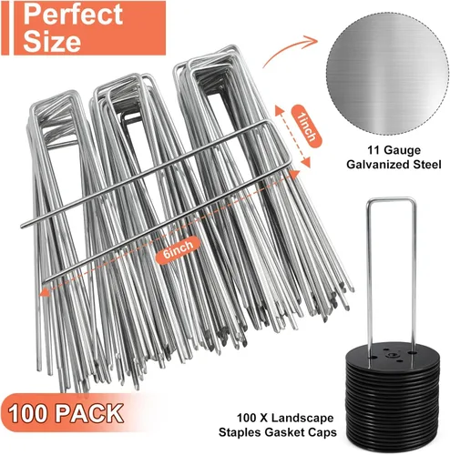 Vista 2 de Paquete de 100 grapas de paisaje, estacas de jardín de calibre 11 de 6 pulgadas con tapas de junta, grapas galvanizadas resistentes para paisajes