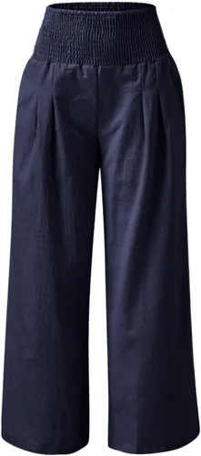 Vista 3 de SHAOBGE Pantalones palazzo de verano para mujer, cintura alta, pierna ancha, casual, cintura elástica, pantalones de playa con bolsillos