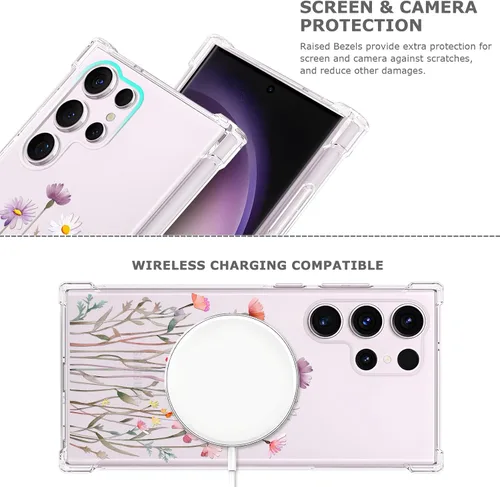 Vista 6 de FL-37 - Funda transparente floral para Galaxy S23 Ultra 5G para mujeres/niñas, bonita funda de teléfono para Samsung Galaxy S23 Ultra, diseño