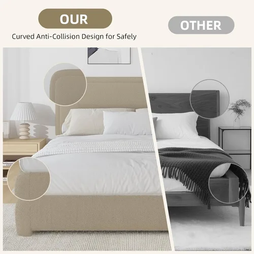 Vista 6 de BarnFurin Base de cama individual con cabecero, cama de plataforma tapizada Cloud Boucle, esquinas redondeadas suaves, no necesita somier, Beige