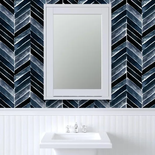 Vista 6 de Spoonflower Papel pintado de grado comercial Swatch - Papel pintado Chevron Indigo Blue Herringbone Papel pintado tradicional Sample 12" x 24