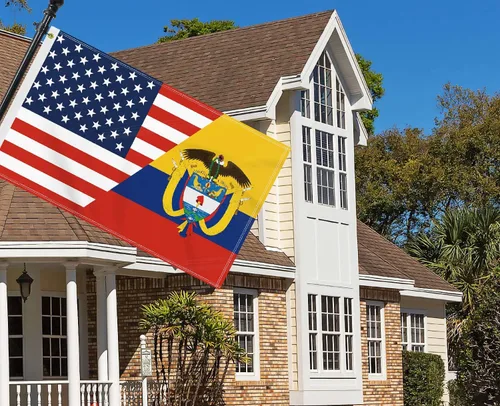Vista 5 de Bandera de Colombia de Estados Unidos de 3 x 5 pies, gran pancarta colombiana de América 150D para exteriores, impresión de doble cara, decoración