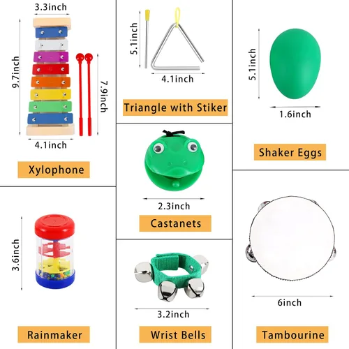 Vista 2 de EASTROCK Juego de 13 instrumentos musicales, el mejor regalo para niños, incluye pandereta, xilófono, instrumento triangular, agitador de huevos