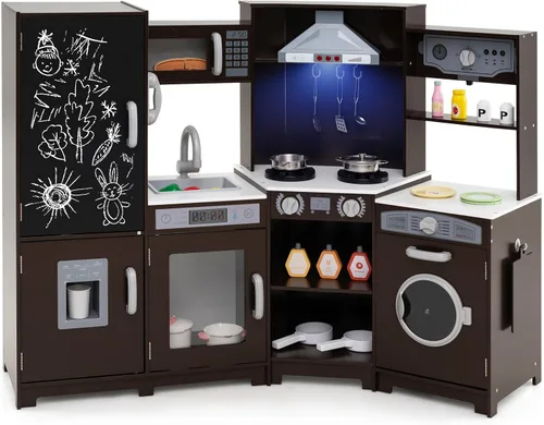 Vista 12 de Costzon Juego de cocina para niños, juego de cocina de juguete de simulación para niños pequeños con luces y sonidos reales, fregadero y grifo