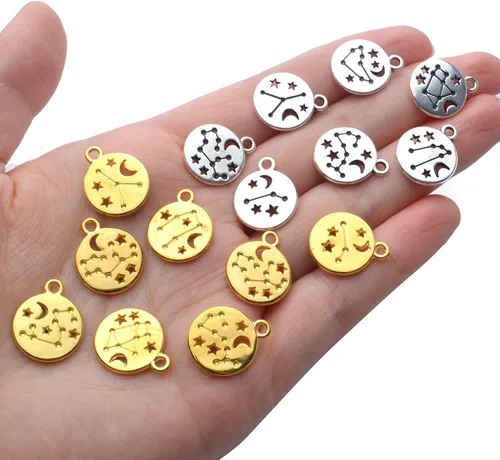 Vista 7 de Dijes redondos del signo del zodiaco, con doce constelaciones, dijes de aleación del zodiaco, dijes de doble cara para joyería, aretes, pulseras